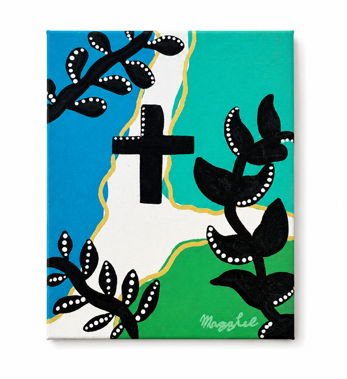 Blue, Teal, Green Splotches and A Cross