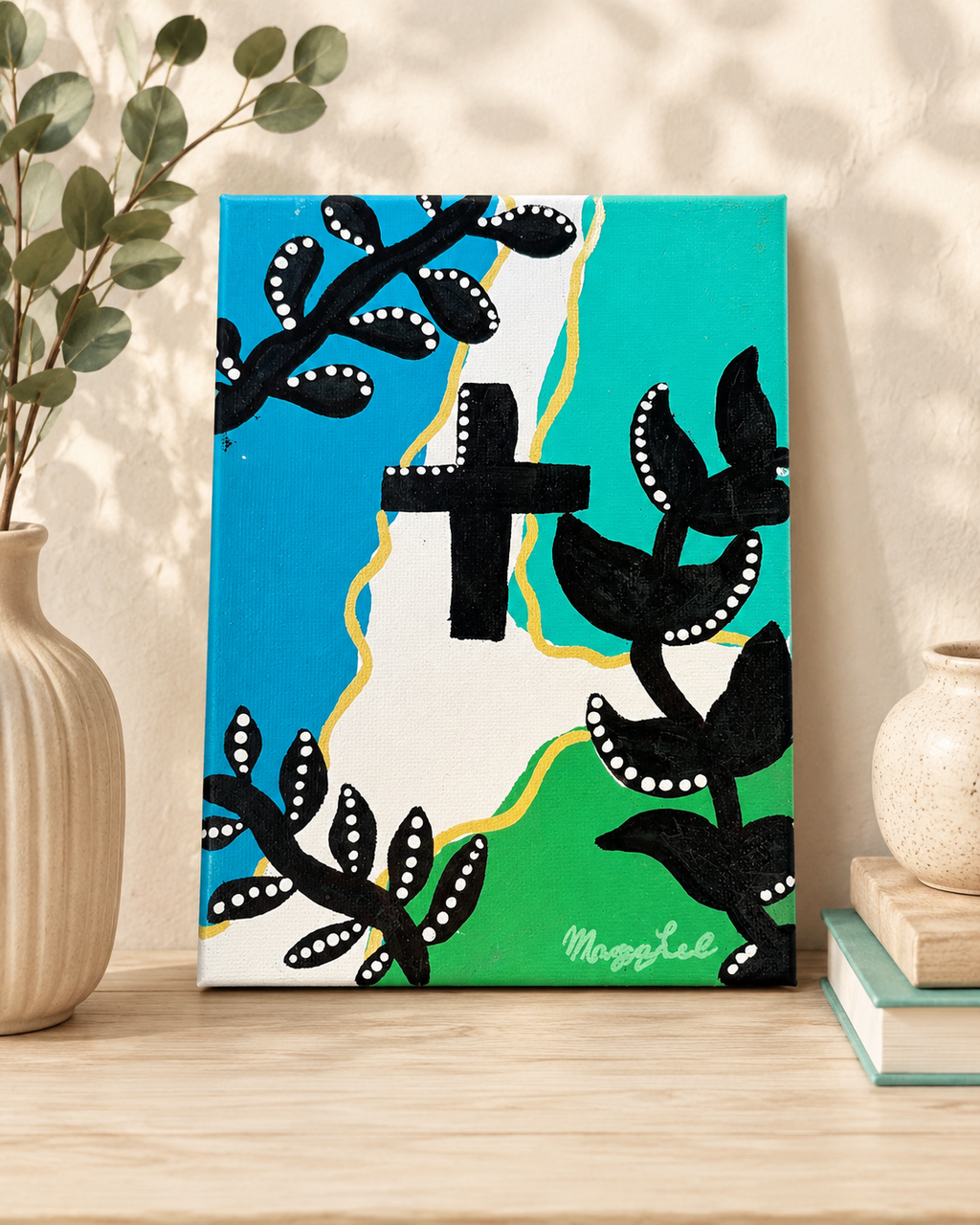 Blue, Teal, Green Splotches and A Cross