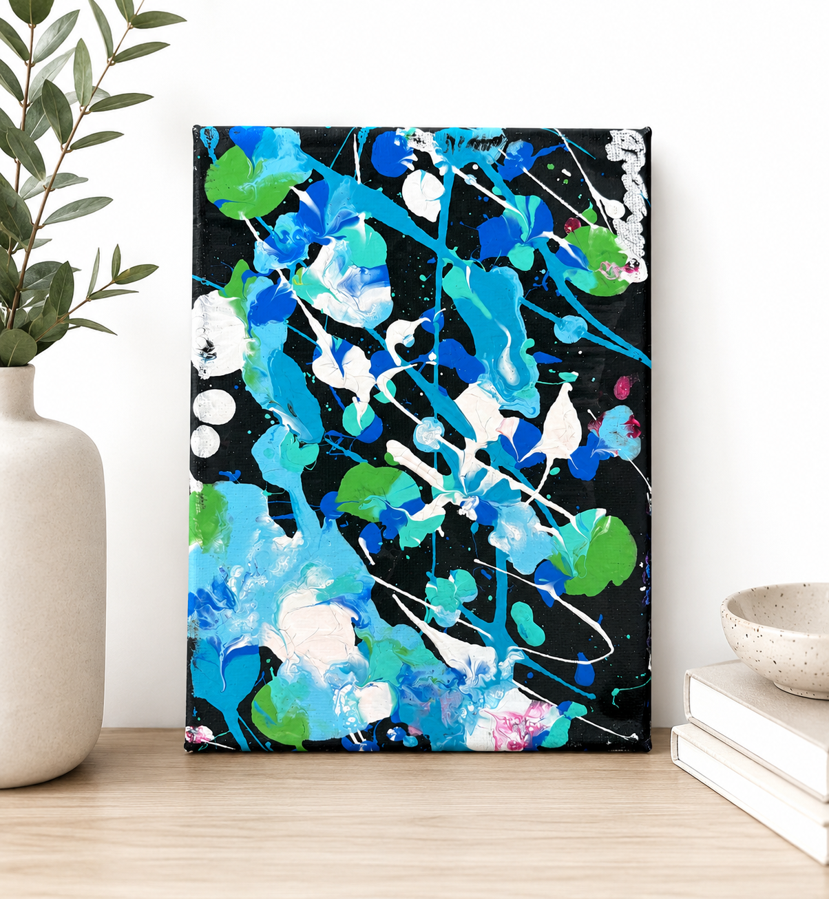 Blue, Green, And White Splatter Painting