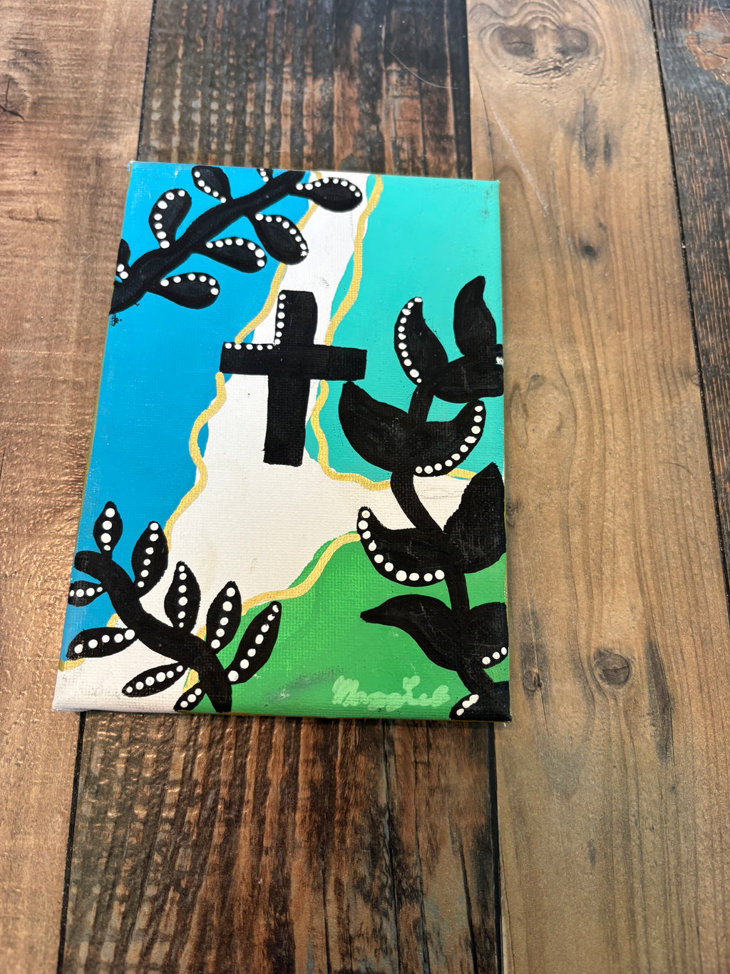 Blue, Teal, Green Splotches and A Cross